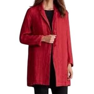 Eileen Fisher Red Organic Linen Doubleweave Long Jacket with pockets medium